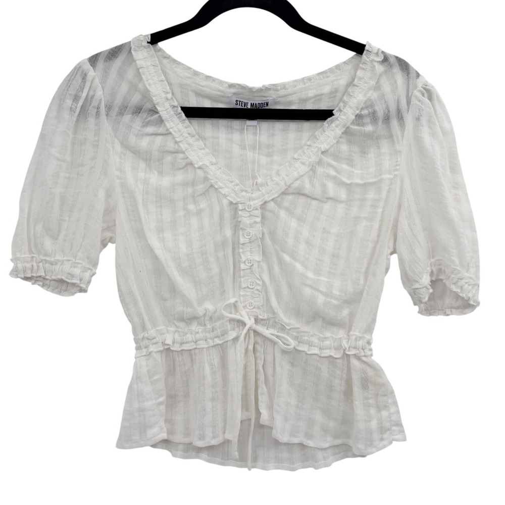 NWT Steve Madden Cotton Peplum Top XS White Striped Texture Milk Maid Cottage